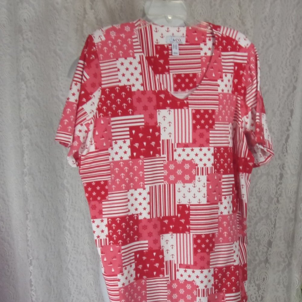 Denim & Co. Red and White Top Blouse NWOT
